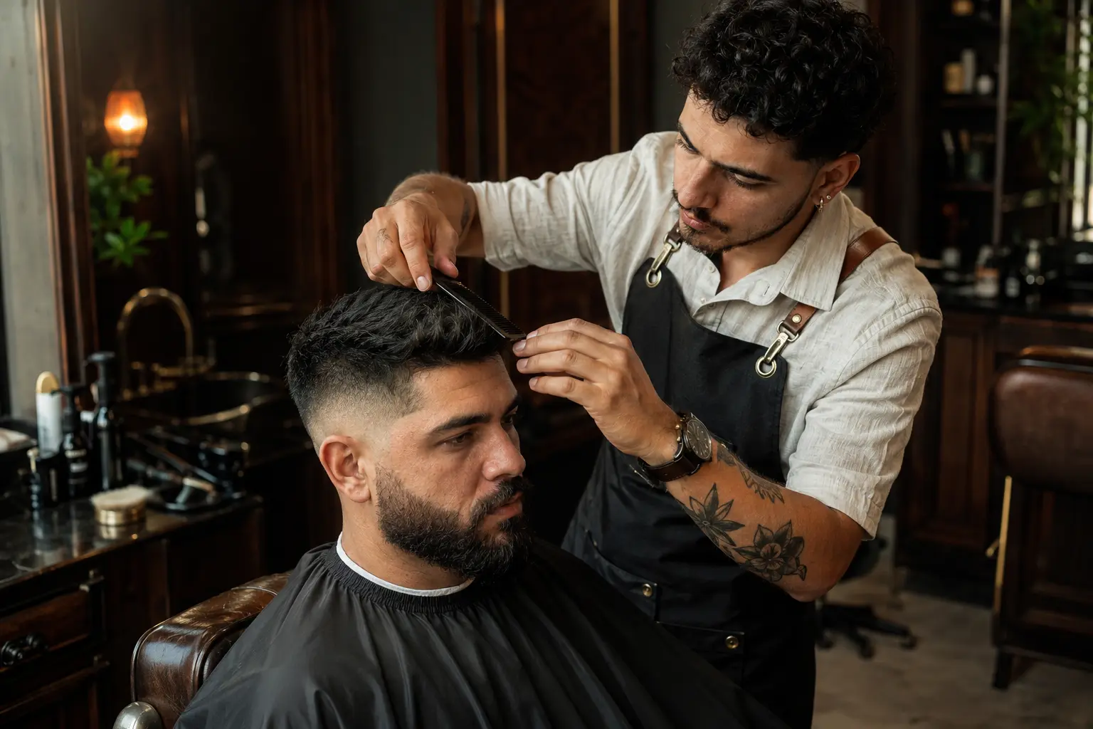 Barbeiro finalizando o corte de cabelo de um cliente