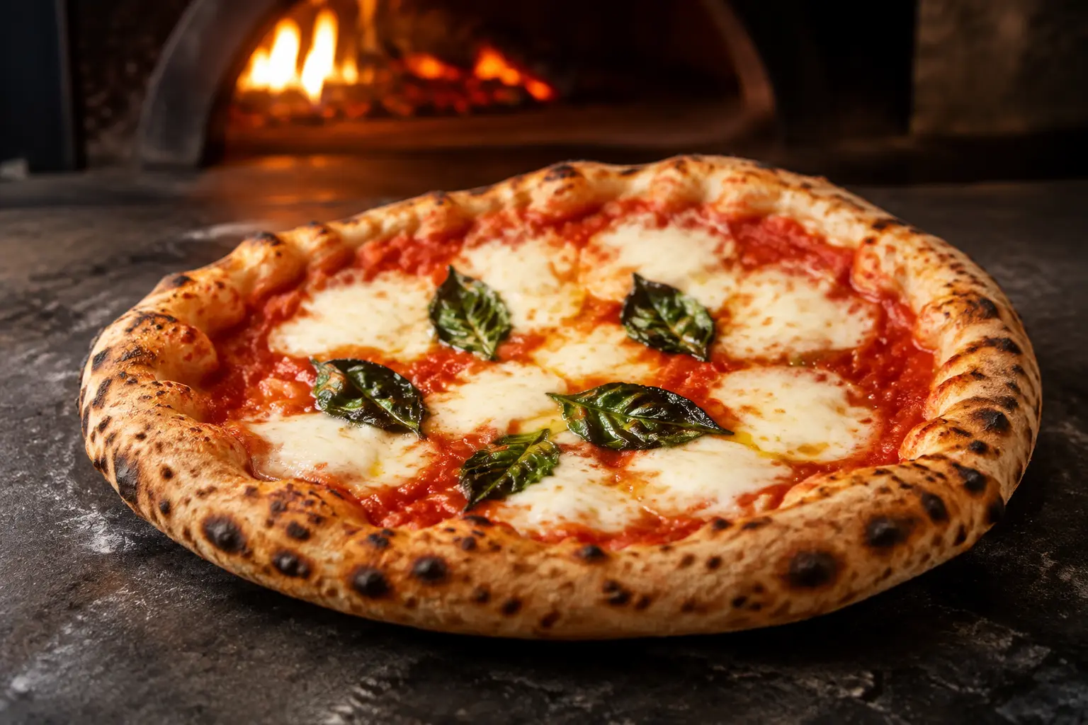 Pizza margherita artesanal diante de um forno a lenha